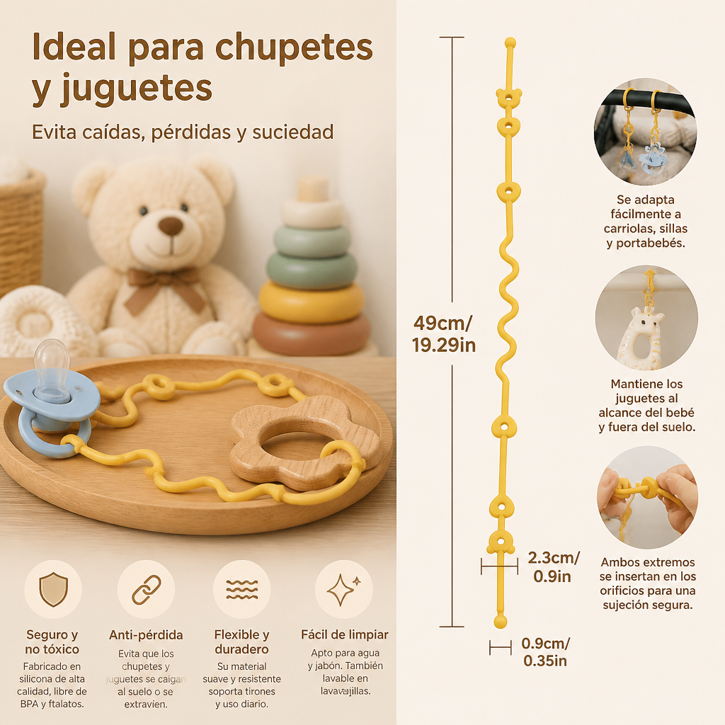 Cadena de silicona para bebé con protección anti-pérdida – para chupetes y juguetes (5 piezas)