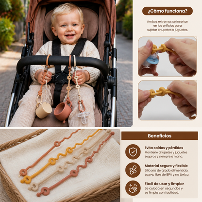 Cadena de silicona para bebé con protección anti-pérdida – para chupetes y juguetes (5 piezas)