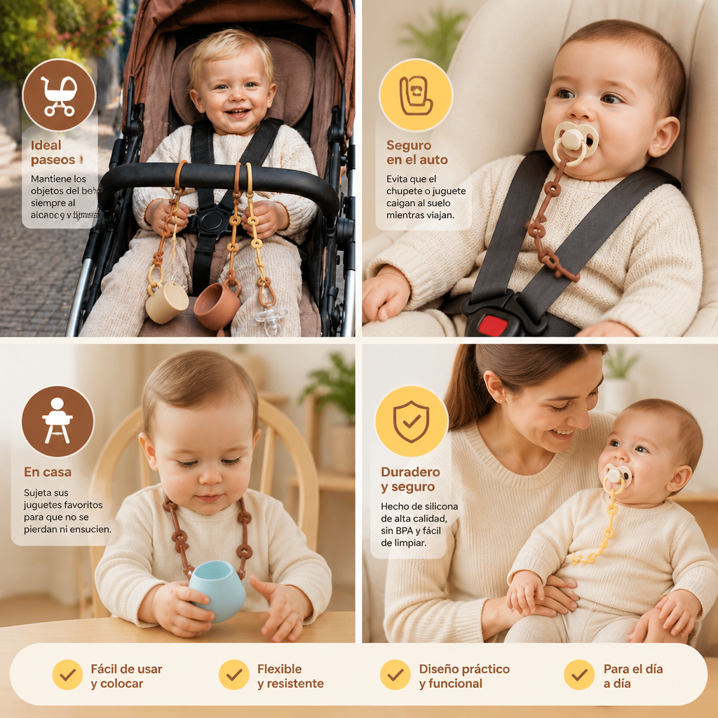 Cadena de silicona para bebé con protección anti-pérdida – para chupetes y juguetes (5 piezas)