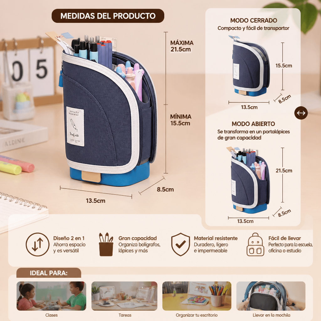Estuche pop-up 2 en 1 con soporte para bolígrafos – organizador de escritorio que ahorra espacio