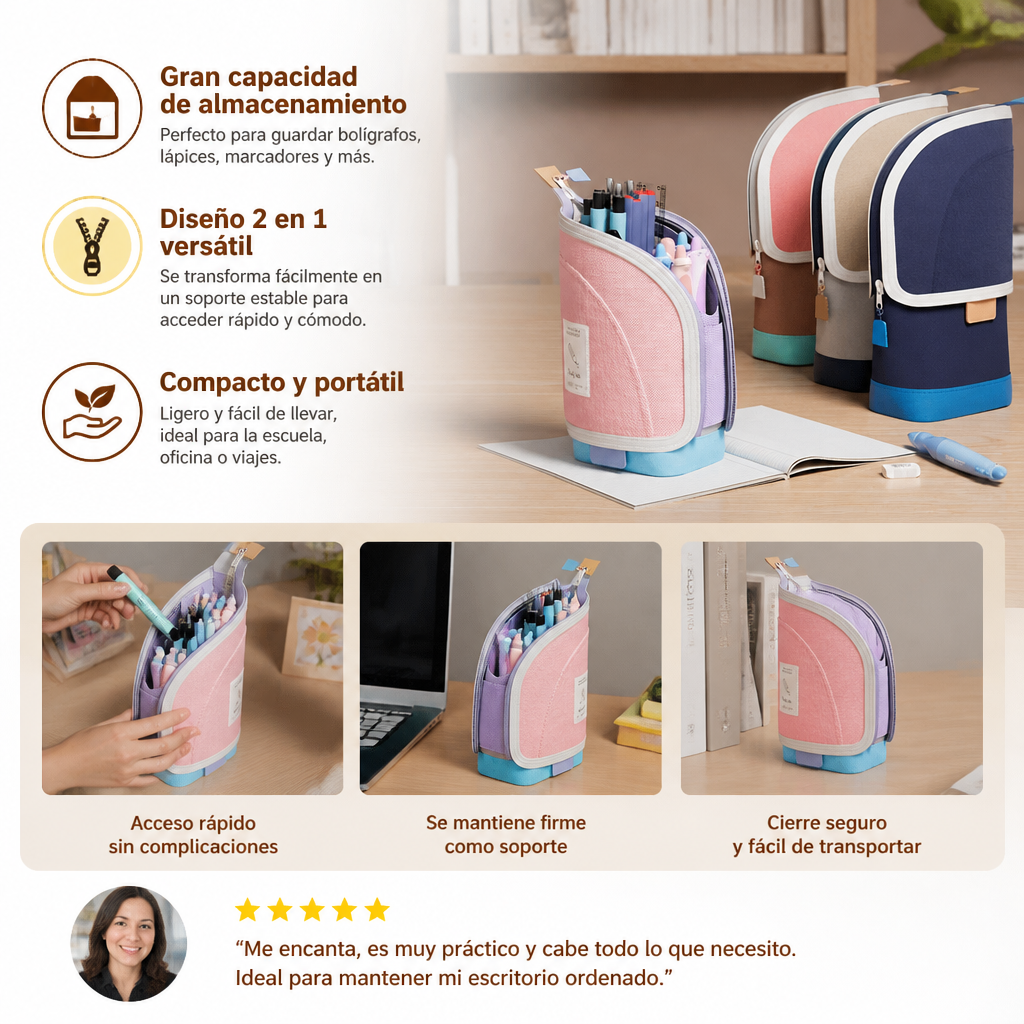 Estuche pop-up 2 en 1 con soporte para bolígrafos – organizador de escritorio que ahorra espacio
