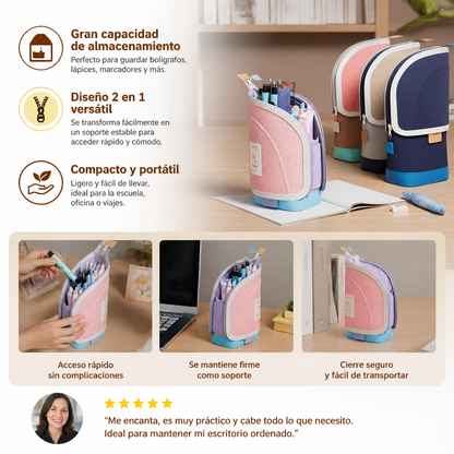 Estuche pop-up 2 en 1 con soporte para bolígrafos – organizador de escritorio que ahorra espacio