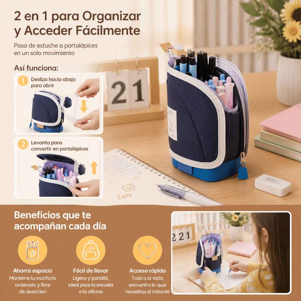Estuche pop-up 2 en 1 con soporte para bolígrafos – organizador de escritorio que ahorra espacio
