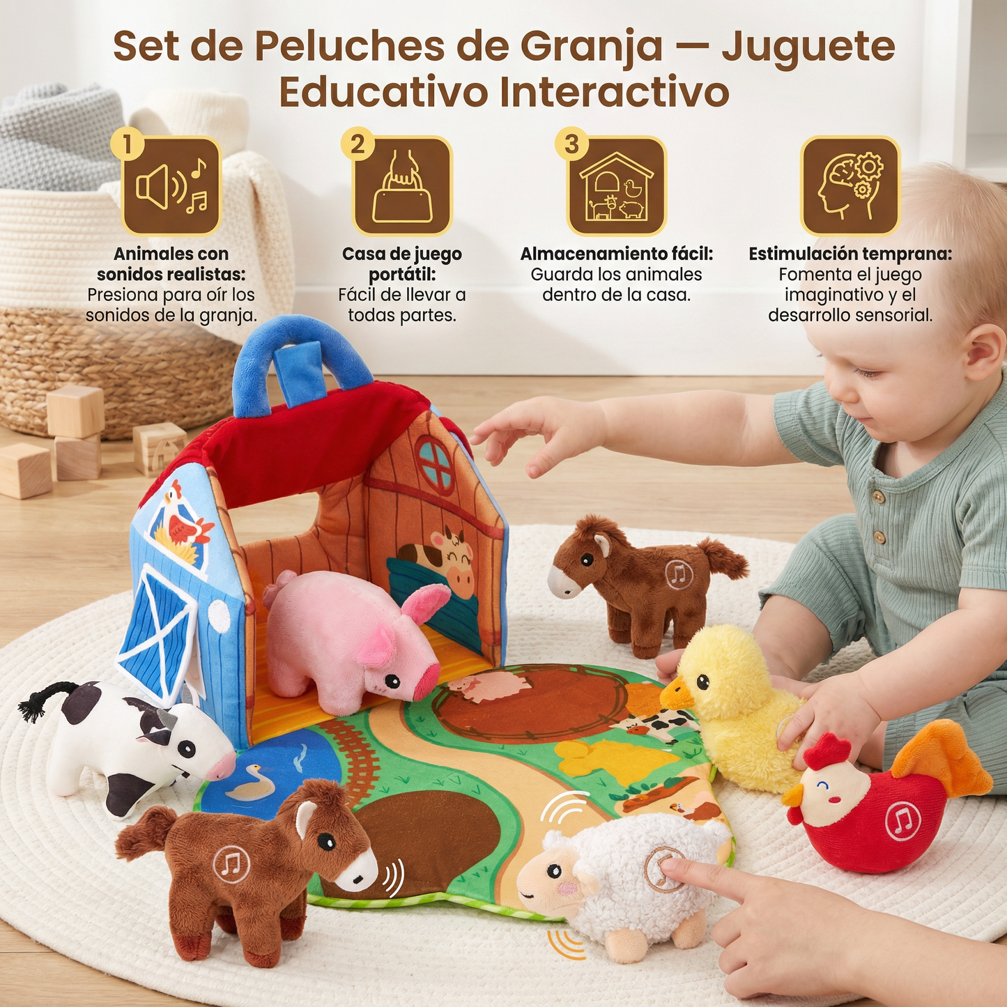 Set de peluches de granja – juguete educativo interactivo con casa de juego portátil