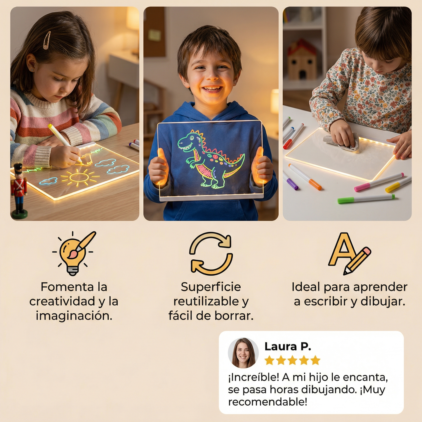 Pizarra de dibujo de escritura con LED para niños | Superficie reutilizable con luz para notas creativas, arte y aprendizaje