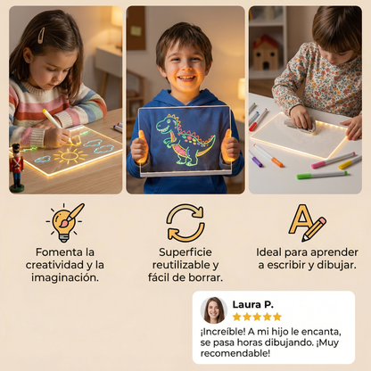 Pizarra de dibujo de escritura con LED para niños | Superficie reutilizable con luz para notas creativas, arte y aprendizaje