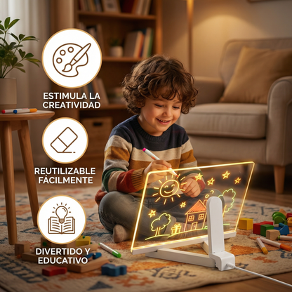 Pizarra de dibujo de escritura con LED para niños | Superficie reutilizable con luz para notas creativas, arte y aprendizaje