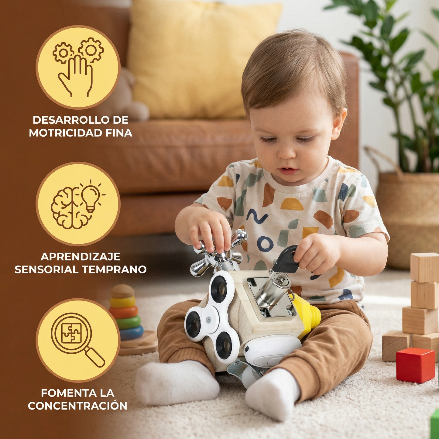 Cubo de actividades de madera para niños pequeños ⎜ Juguete educativo para la motricidad fina y el aprendizaje sensorial temprano