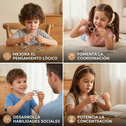 Juego de anillos de rompecabezas de metal ⎜ Juego de lógica rompecabezas para niños y adultos con múltiples desafíos de desbloqueo