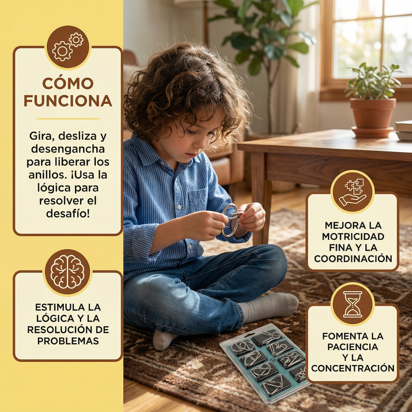 Juego de anillos de rompecabezas de metal ⎜ Juego de lógica rompecabezas para niños y adultos con múltiples desafíos de desbloqueo