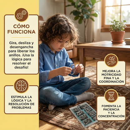 Juego de anillos de rompecabezas de metal ⎜ Juego de lógica rompecabezas para niños y adultos con múltiples desafíos de desbloqueo