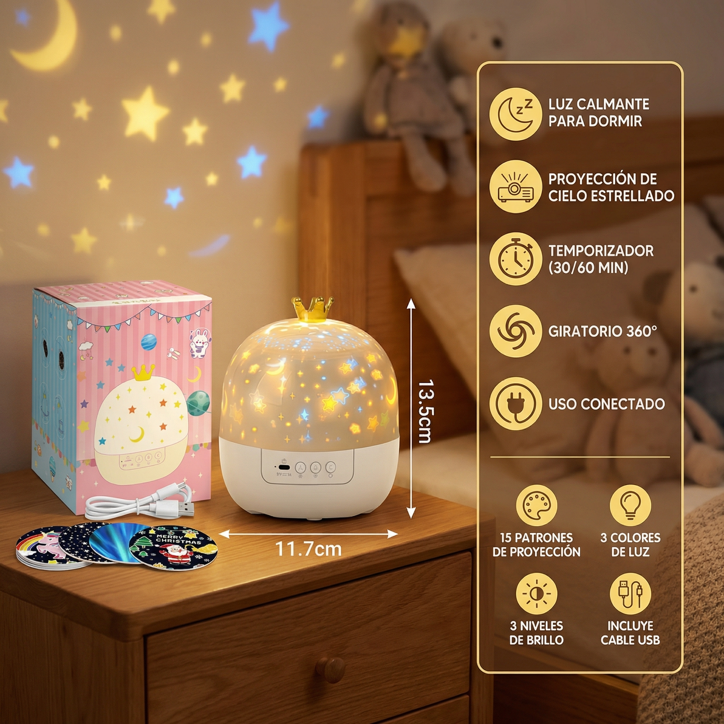 Proyector de cielo estrellado, lámpara nocturna ⎜ Lámpara LED giratoria