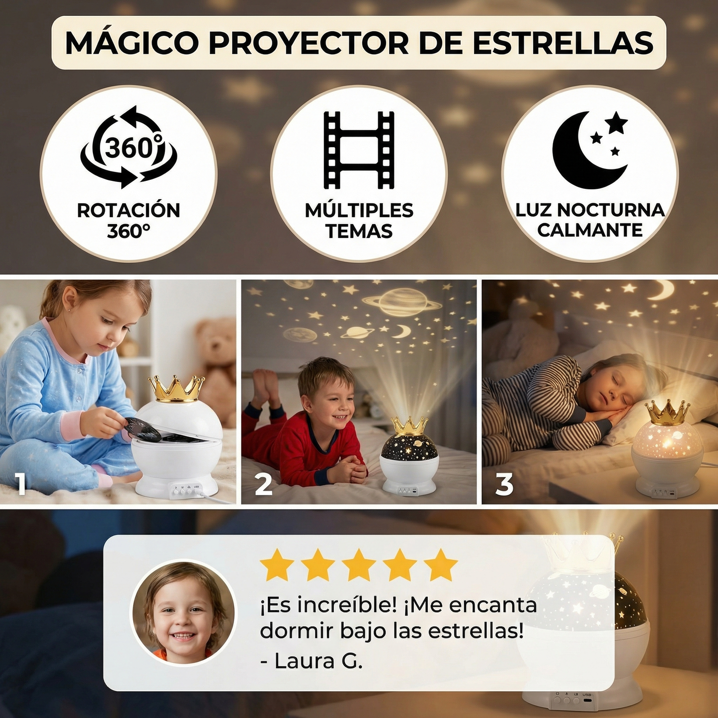 Proyector de cielo estrellado, lámpara nocturna ⎜ Lámpara LED giratoria