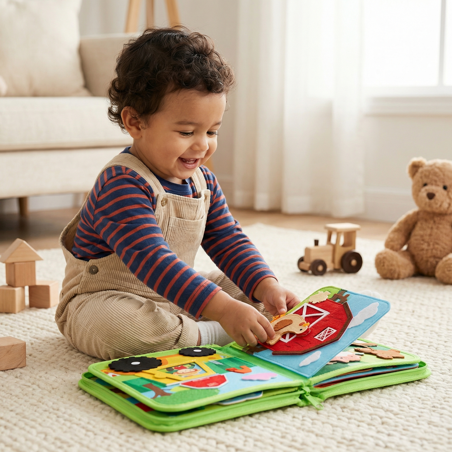 Libro educativo de cuentos de granja para niños pequeños | Libro de actividades de fieltro suave para el aprendizaje de animales y habilidades motoras finas