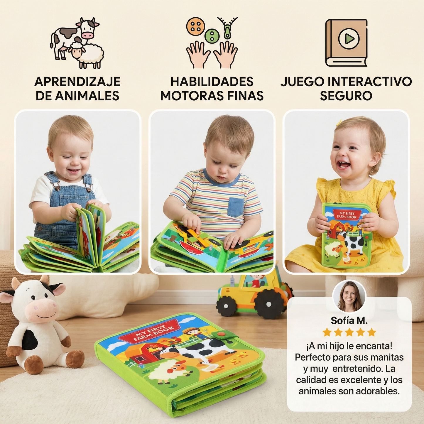 Libro educativo de cuentos de granja para niños pequeños | Libro de actividades de fieltro suave para el aprendizaje de animales y habilidades motoras finas