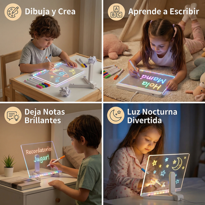 Pizarra de dibujo de escritura con LED para niños | Superficie reutilizable con luz para notas creativas, arte y aprendizaje