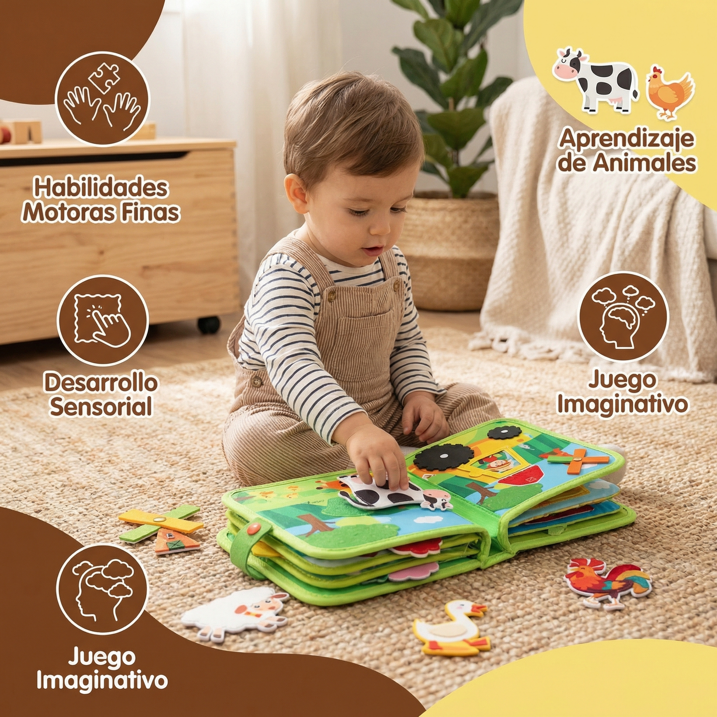 Libro educativo de cuentos de granja para niños pequeños | Libro de actividades de fieltro suave para el aprendizaje de animales y habilidades motoras finas