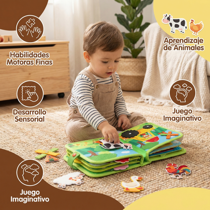 Libro educativo de cuentos de granja para niños pequeños | Libro de actividades de fieltro suave para el aprendizaje de animales y habilidades motoras finas