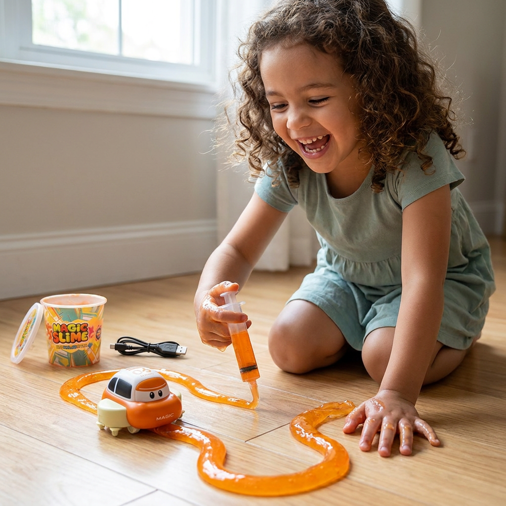 Set de Pista de Carreras de Slime Mágico – Aventura DIY con Coche Eléctrico