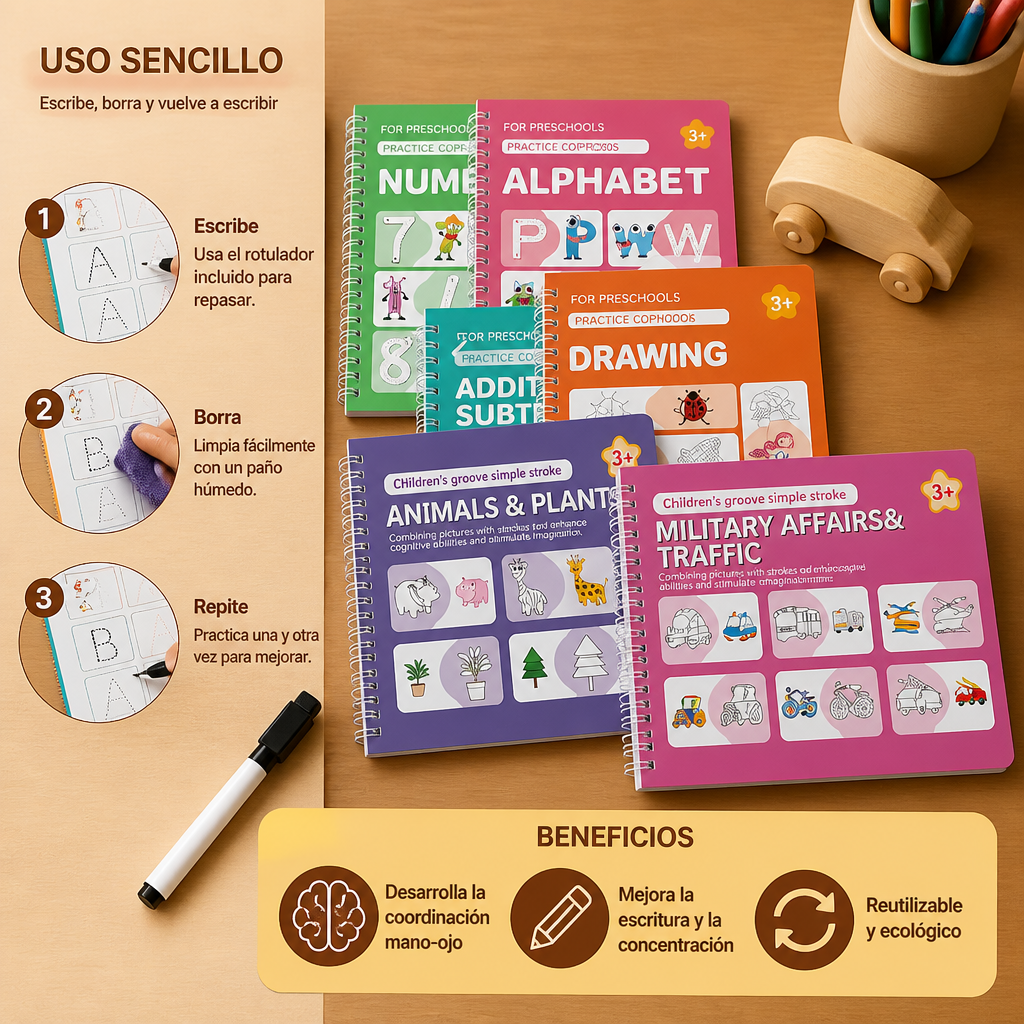 Cuadernos De Ejercicios De Escritura Reutilizables Con Ranuras Para Niños – Set De 6 Piezas Para Repasar Y Escribir