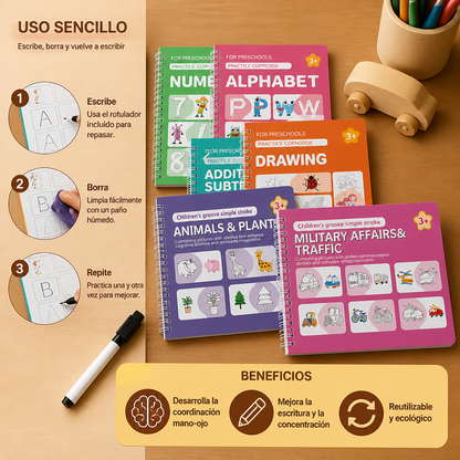 Cuadernos De Ejercicios De Escritura Reutilizables Con Ranuras Para Niños – Set De 6 Piezas Para Repasar Y Escribir