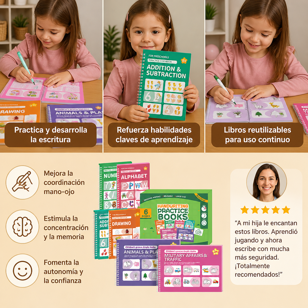 Cuadernos De Ejercicios De Escritura Reutilizables Con Ranuras Para Niños – Set De 6 Piezas Para Repasar Y Escribir