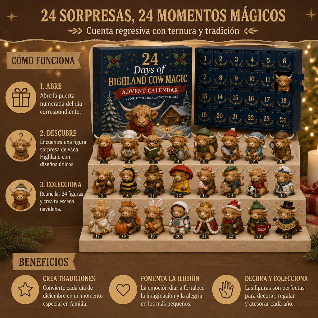 Calendario de Adviento de 24 días con mini figuras coleccionables de vacas Highland