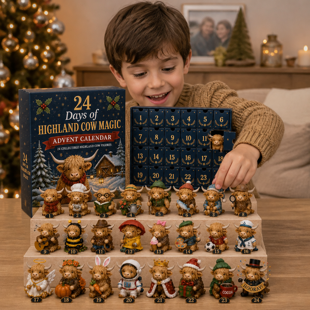 Calendario de Adviento de 24 días con mini figuras coleccionables de vacas Highland