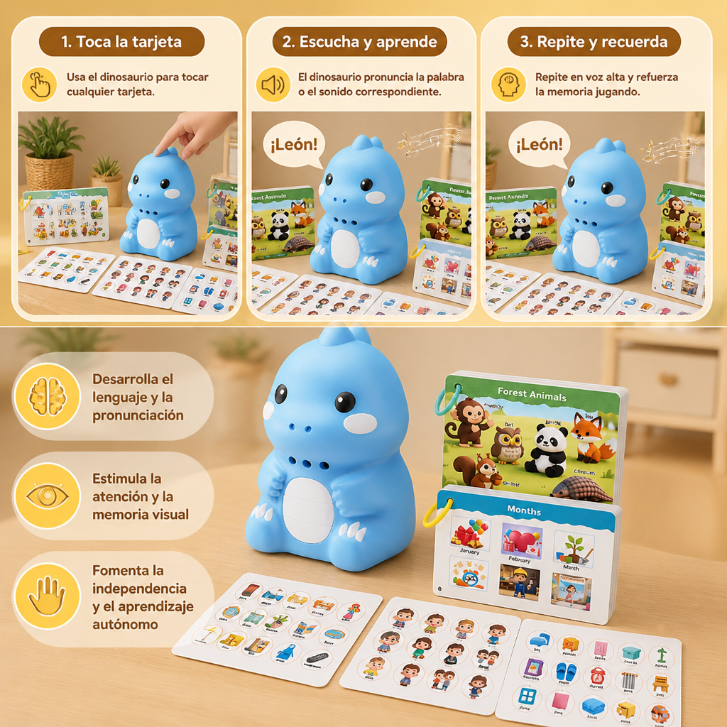 Tarjetas Interactivas Parlantes de Dinosaurios y Pegatinas – Set de Aprendizaje Montessori de Fonética y Palabras Visuales