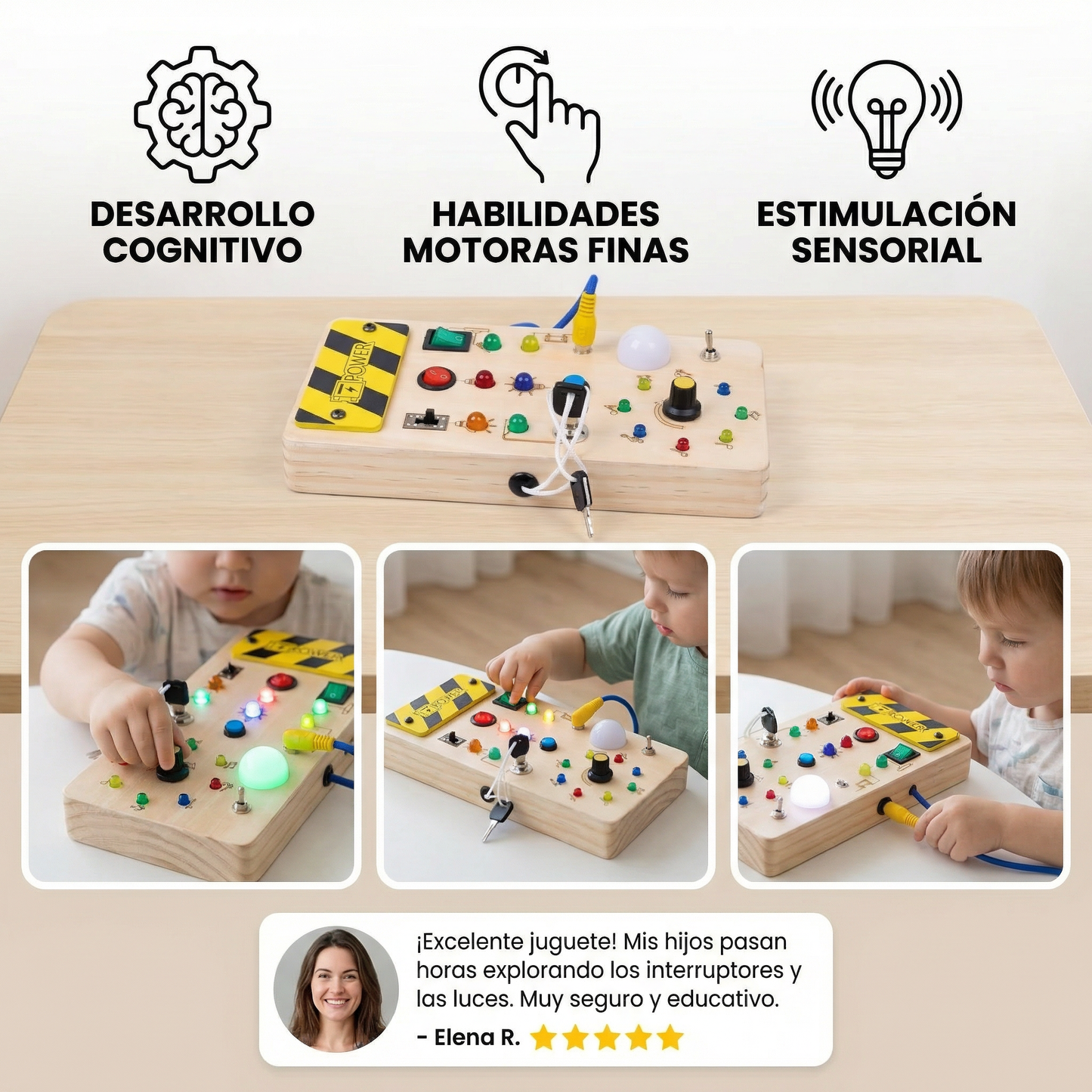 Tablero sensorial Montessori de madera con luces e interruptores – juguete de motricidad para niños