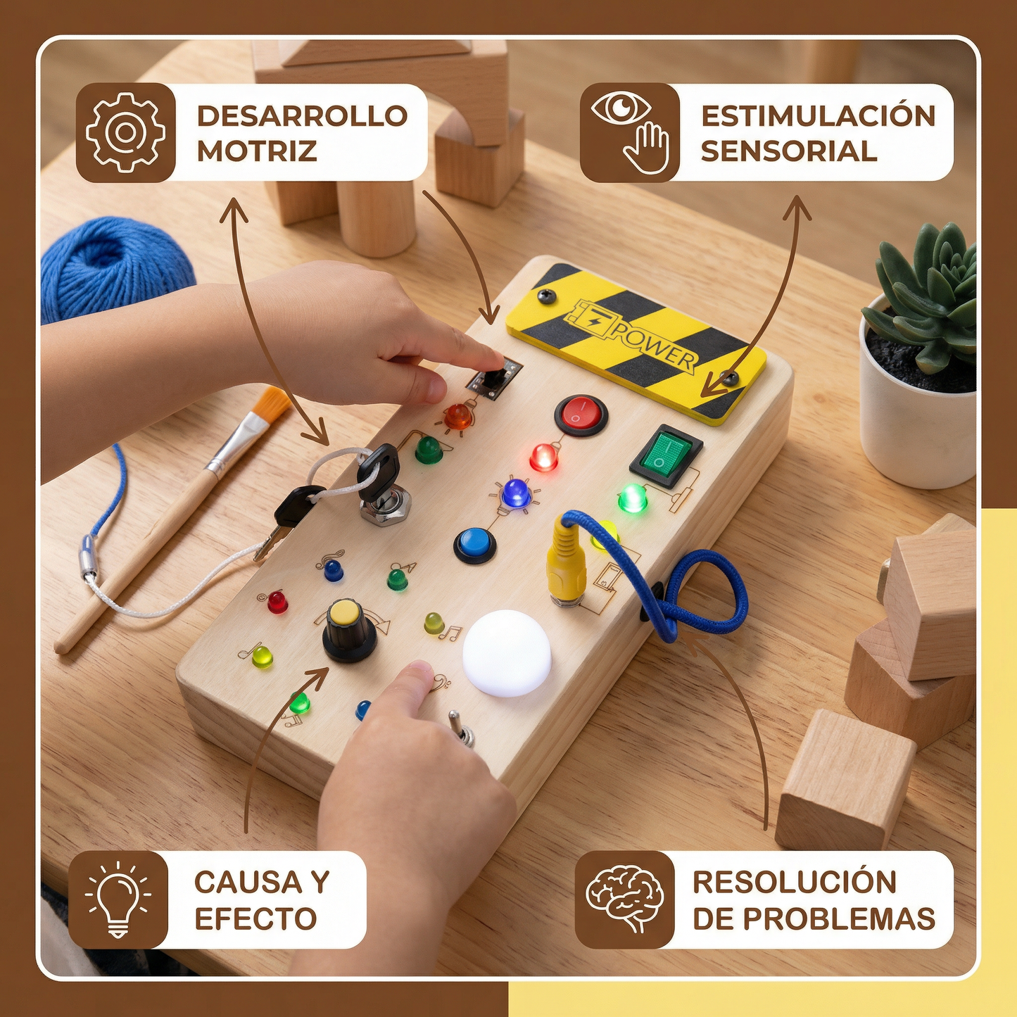 Tablero sensorial Montessori de madera con luces e interruptores – juguete de motricidad para niños