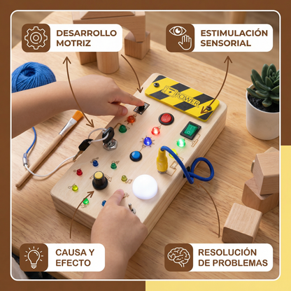 Tablero sensorial Montessori de madera con luces e interruptores – juguete de motricidad para niños