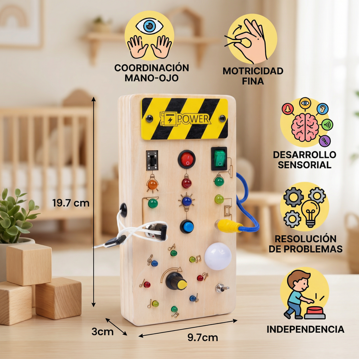 Tablero sensorial Montessori de madera con luces e interruptores – juguete de motricidad para niños