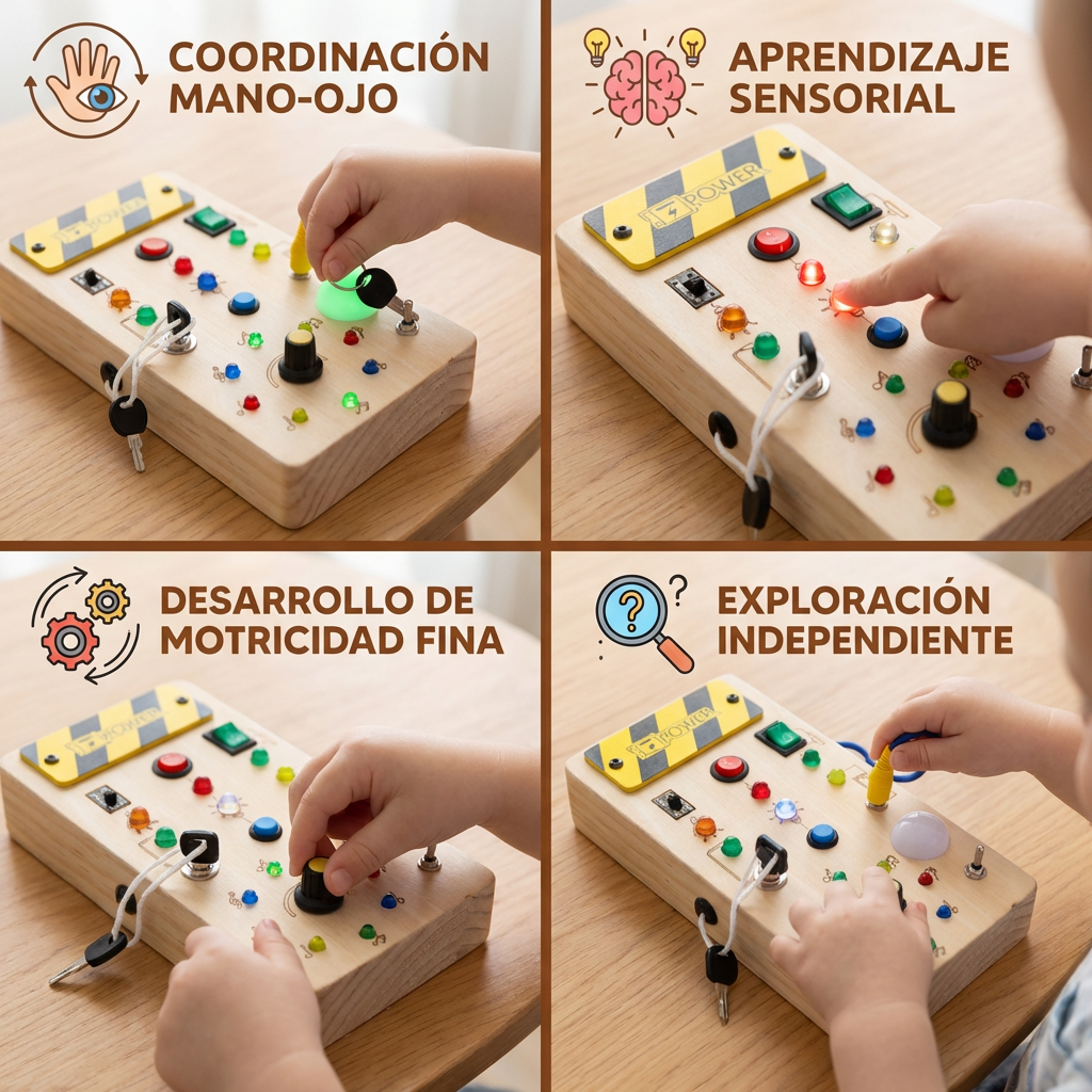Tablero sensorial Montessori de madera con luces e interruptores – juguete de motricidad para niños