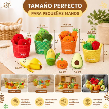 Suave Juguete Educativo de Frutas y Verduras para Bebés – Set de 4 Piezas para Clasificar Colores con Sonajero y Efecto de Crujido