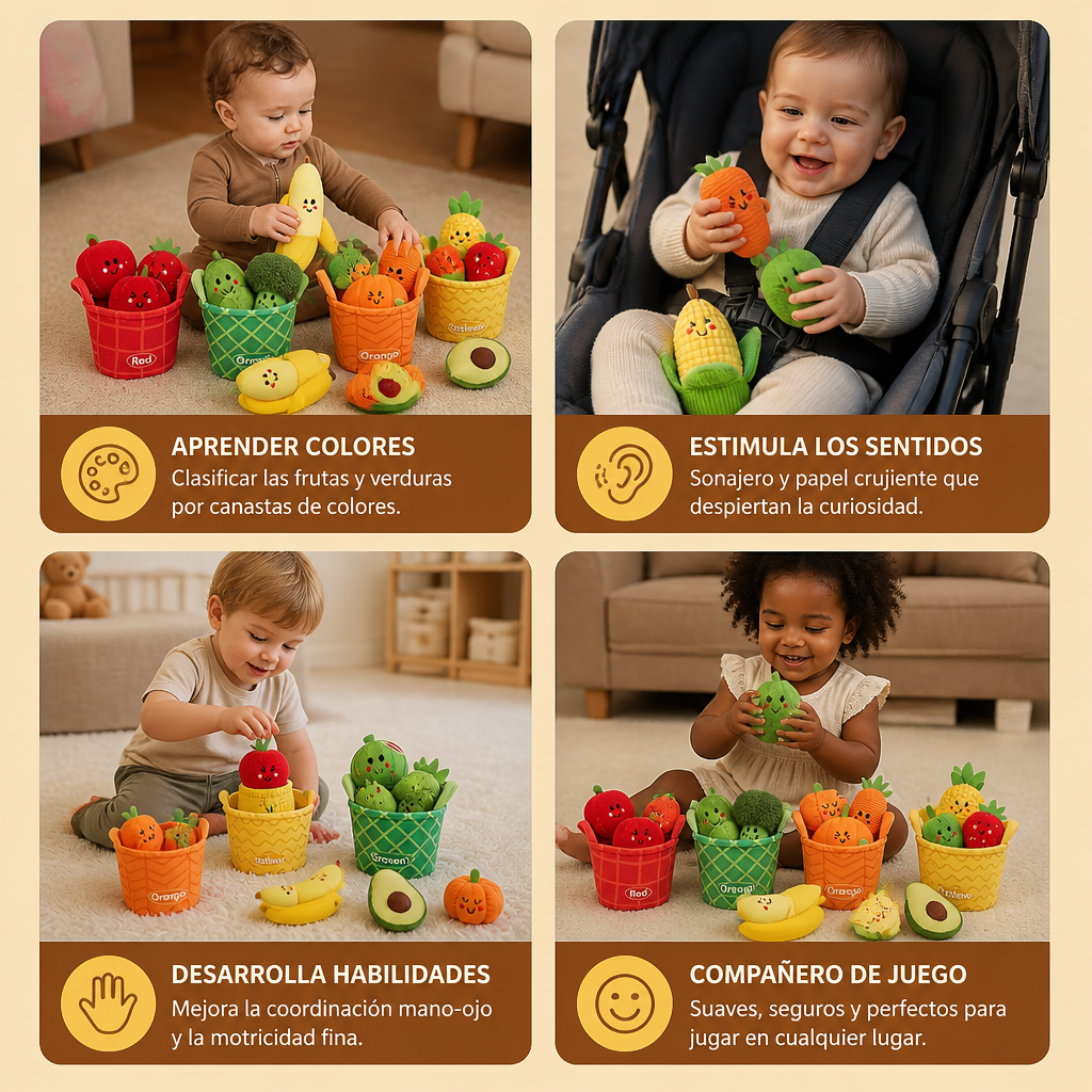 Suave Juguete Educativo de Frutas y Verduras para Bebés – Set de 4 Piezas para Clasificar Colores con Sonajero y Efecto de Crujido