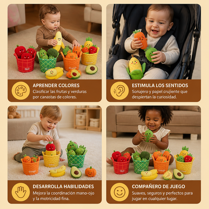 Suave Juguete Educativo de Frutas y Verduras para Bebés – Set de 4 Piezas para Clasificar Colores con Sonajero y Efecto de Crujido