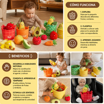 Suave Juguete Educativo de Frutas y Verduras para Bebés – Set de 4 Piezas para Clasificar Colores con Sonajero y Efecto de Crujido