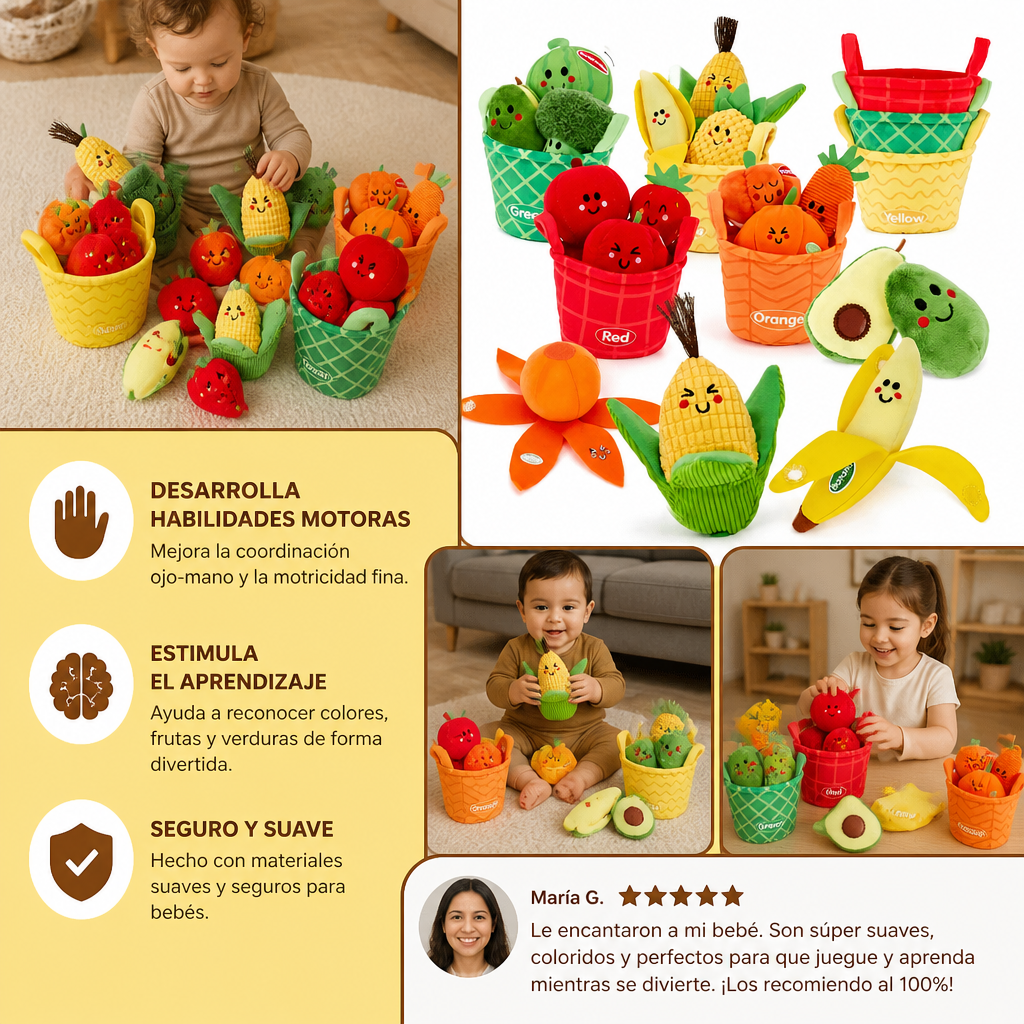 Suave Juguete Educativo de Frutas y Verduras para Bebés – Set de 4 Piezas para Clasificar Colores con Sonajero y Efecto de Crujido