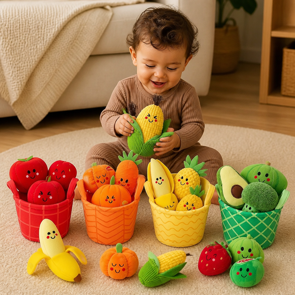 Suave Juguete Educativo de Frutas y Verduras para Bebés – Set de 4 Piezas para Clasificar Colores con Sonajero y Efecto de Crujido