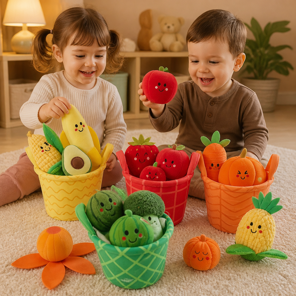 Suave Juguete Educativo de Frutas y Verduras para Bebés – Set de 4 Piezas para Clasificar Colores con Sonajero y Efecto de Crujido