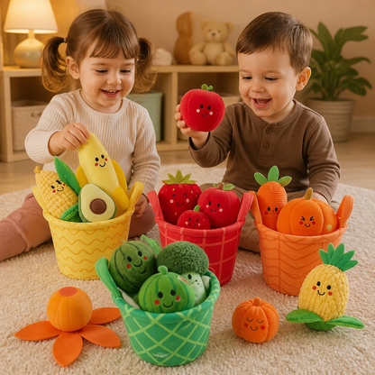 Suave Juguete Educativo de Frutas y Verduras para Bebés – Set de 4 Piezas para Clasificar Colores con Sonajero y Efecto de Crujido