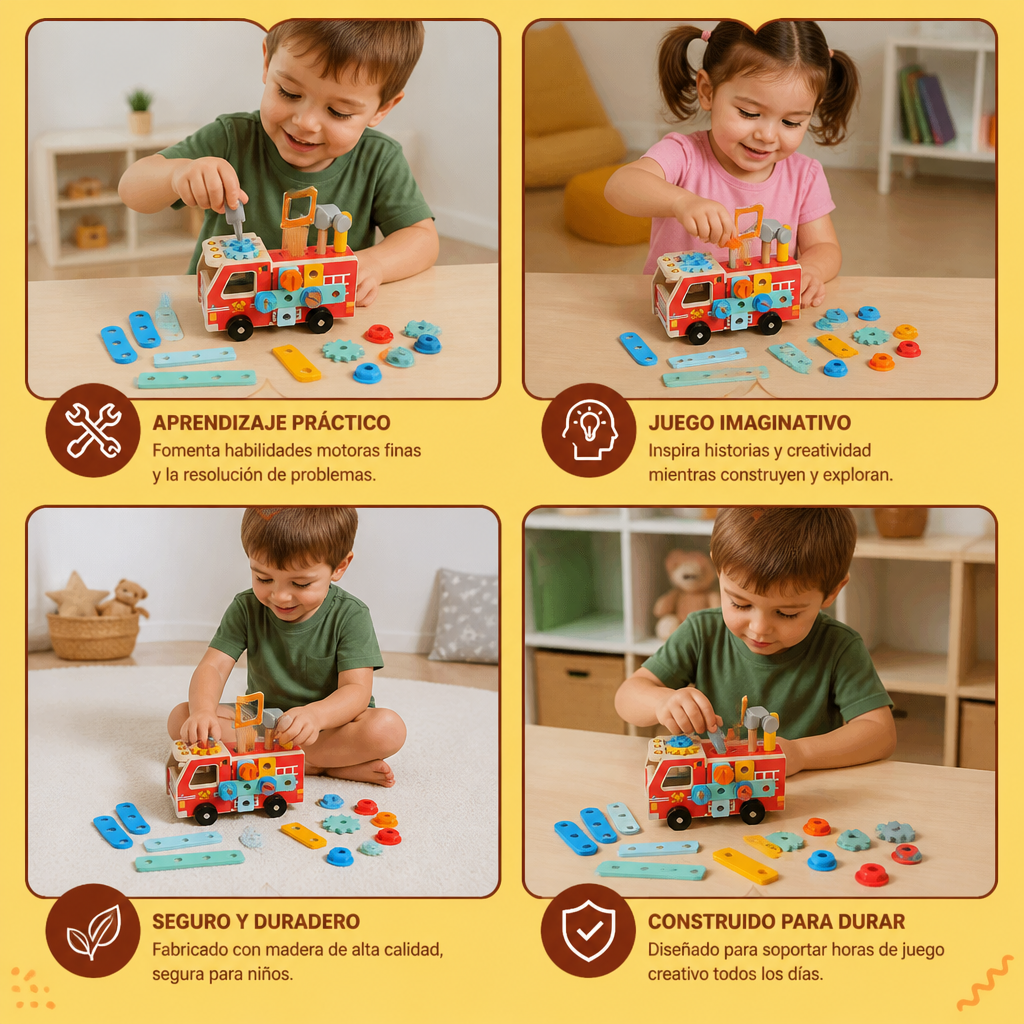 Caja de Herramientas y Set de Construcción de Bombero Montessori de Madera