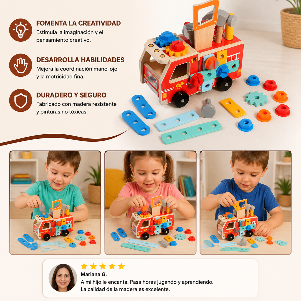 Caja de Herramientas y Set de Construcción de Bombero Montessori de Madera