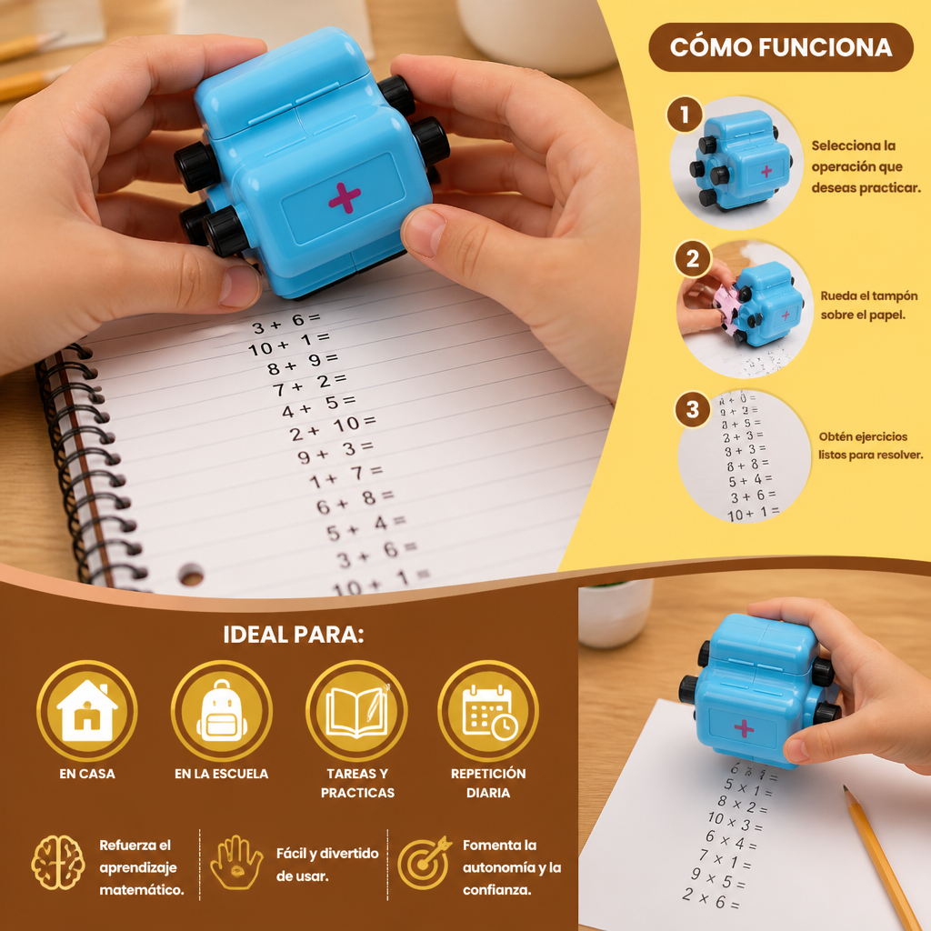 Tampón Rodillo Matemático 4 en 1 – Práctica de Sumas, Restas, Multiplicaciones y Divisiones