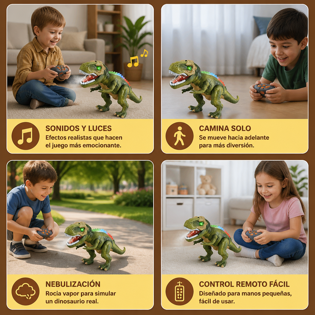 T-Rex Caminante con Control Remoto – Dinosaurio RC con Nebulización, Luces y Sonido