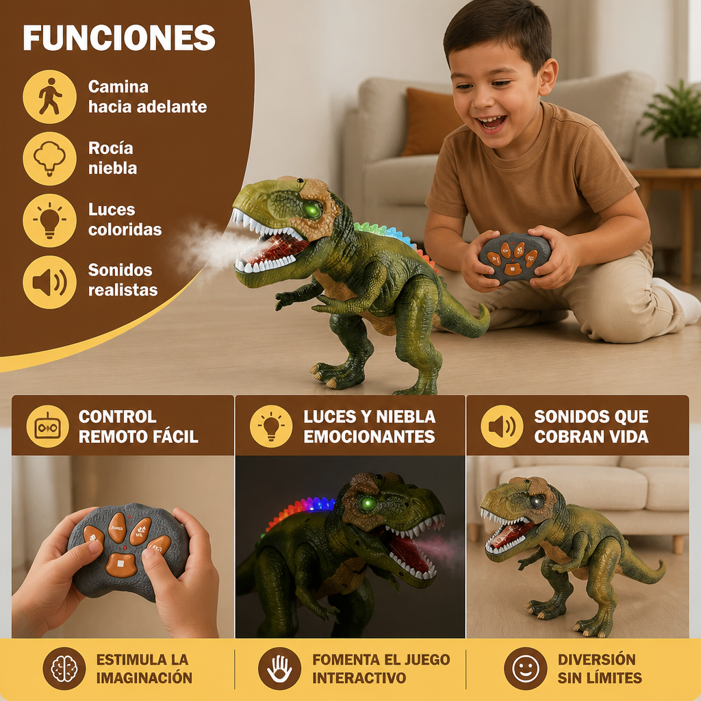 T-Rex Caminante con Control Remoto – Dinosaurio RC con Nebulización, Luces y Sonido