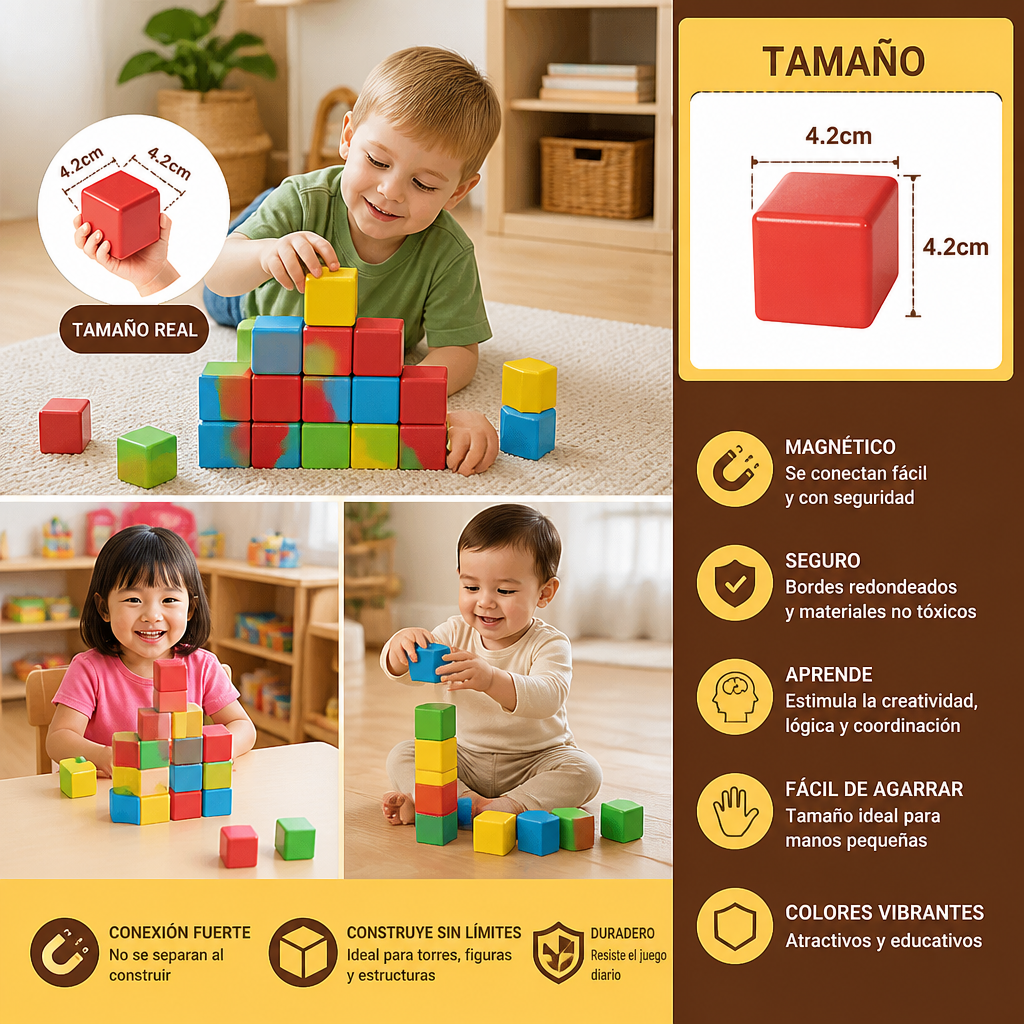 Cubos Magnéticos de Construcción Seguros para Niños Pequeños de 4,2 cm – Bloques STEM para el Aprendizaje