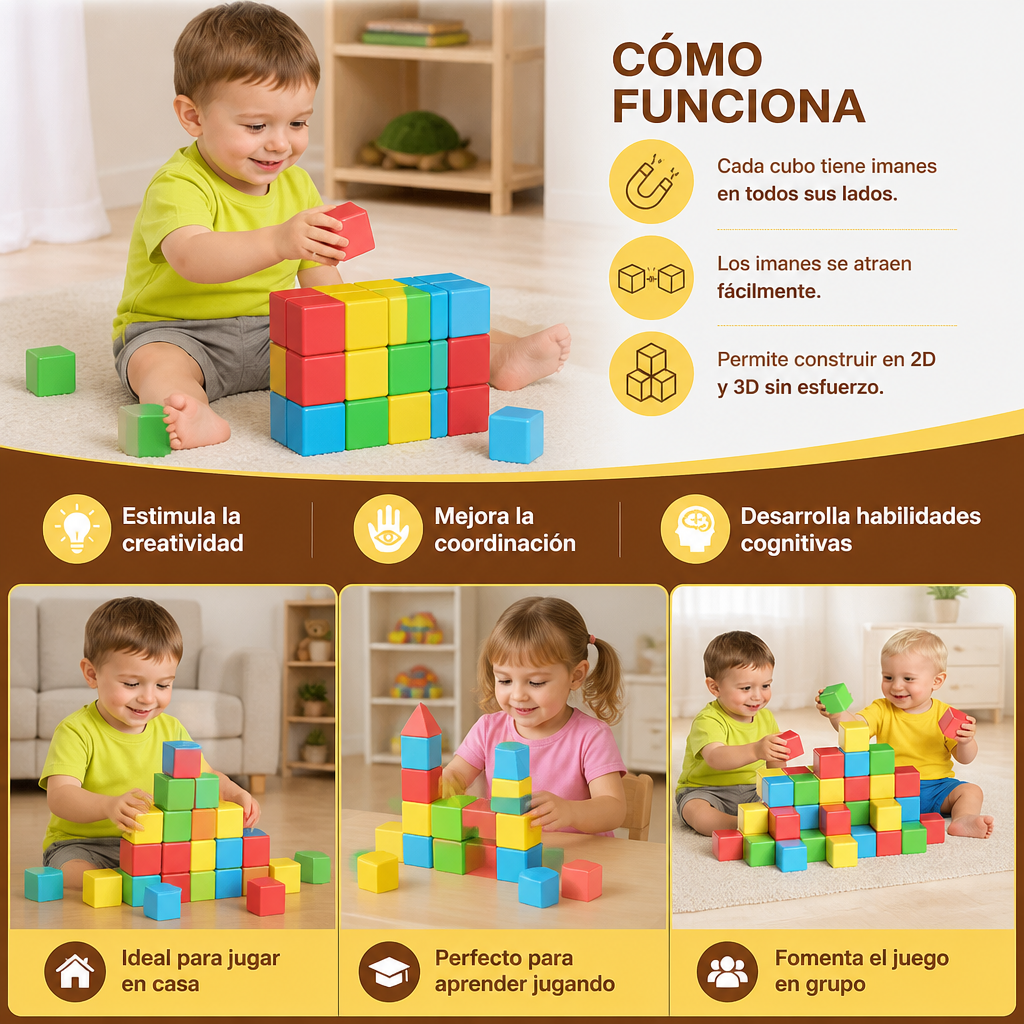 Cubos Magnéticos de Construcción Seguros para Niños Pequeños de 4,2 cm – Bloques STEM para el Aprendizaje