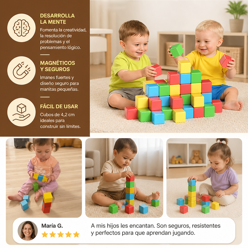 Cubos Magnéticos de Construcción Seguros para Niños Pequeños de 4,2 cm – Bloques STEM para el Aprendizaje